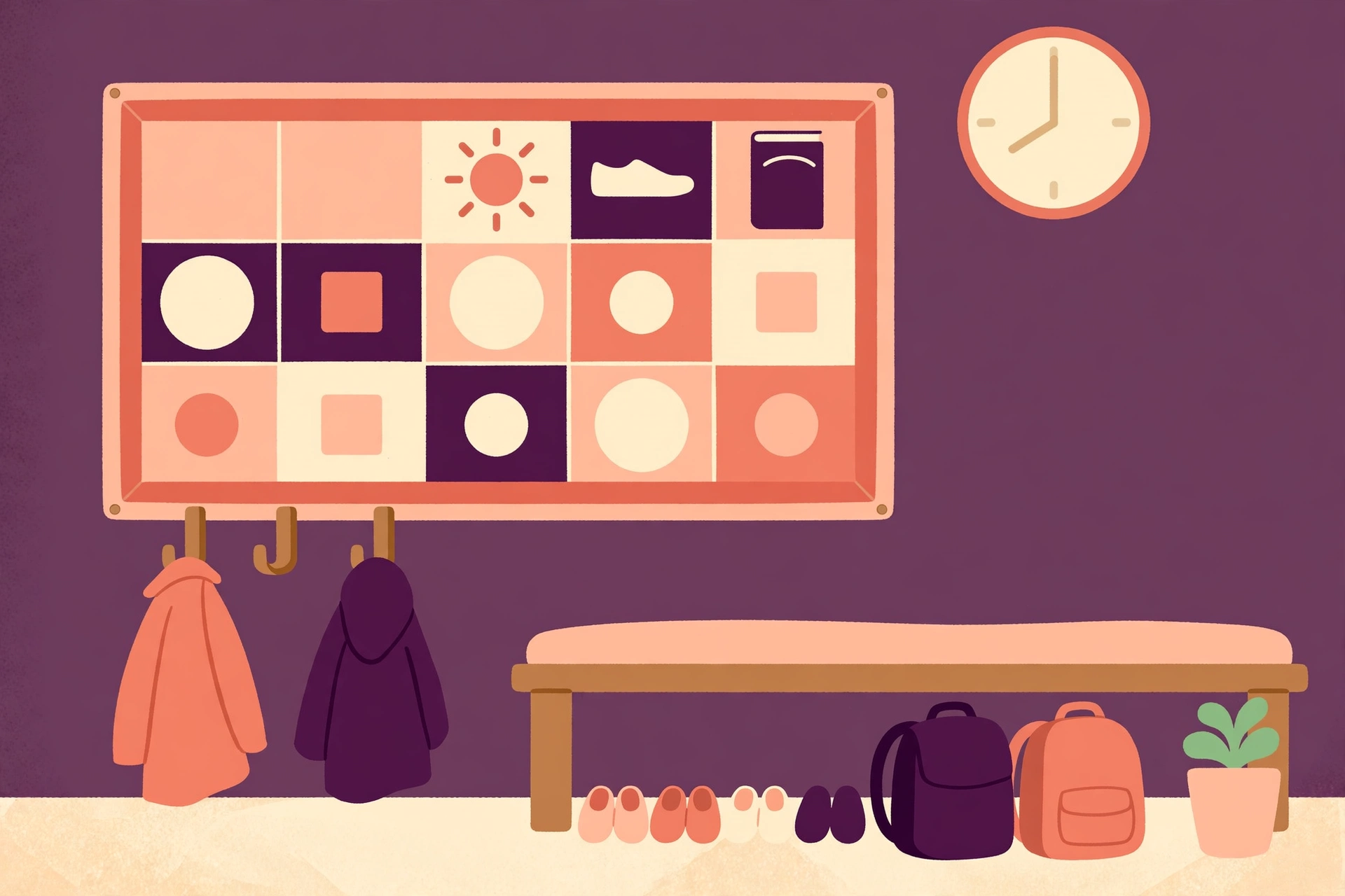 Illustration of a family kitchen wall with a colourful weekly routine chart, a clock and a row of bags and shoes by the door