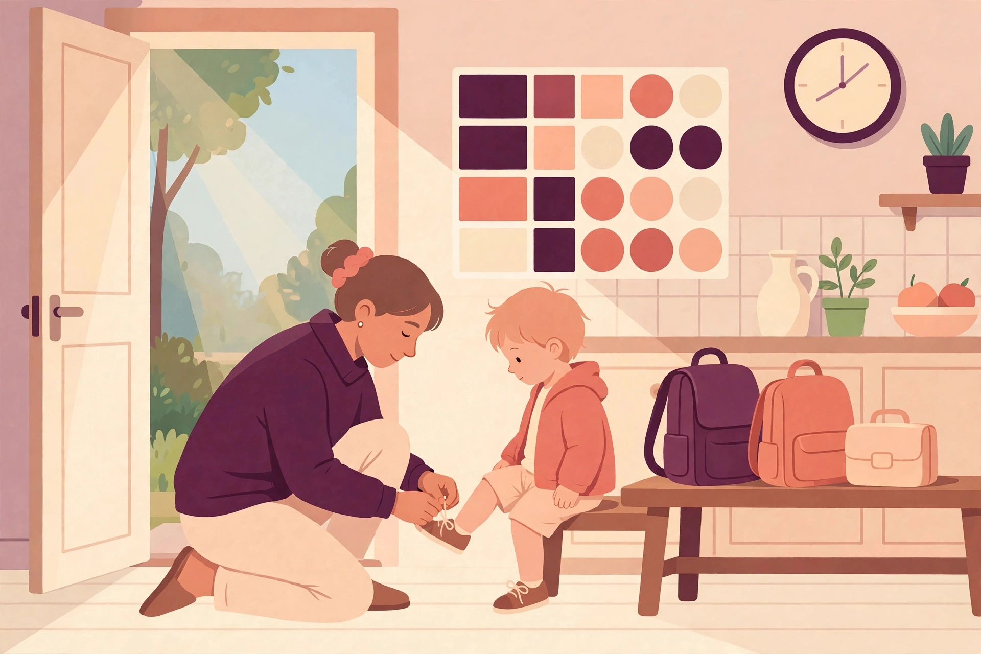 Warm illustration of a family morning in a kitchen: a parent tying a child's shoe by the door, a routine chart on the wall, bags and a lunchbox ready