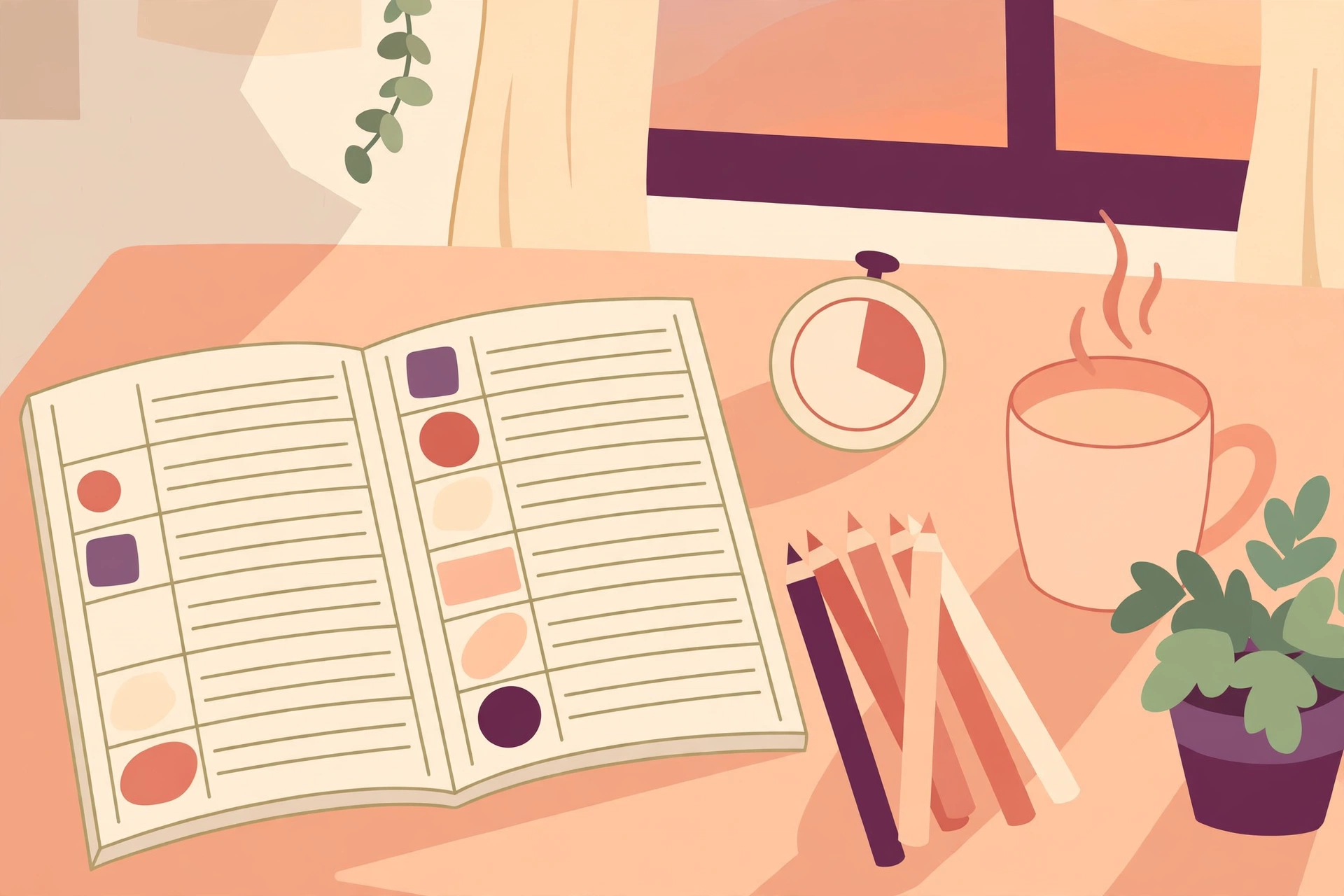 Warm illustration of a kitchen table with a paper weekly planner, pencils, a visual timer and a mug, in soft evening light