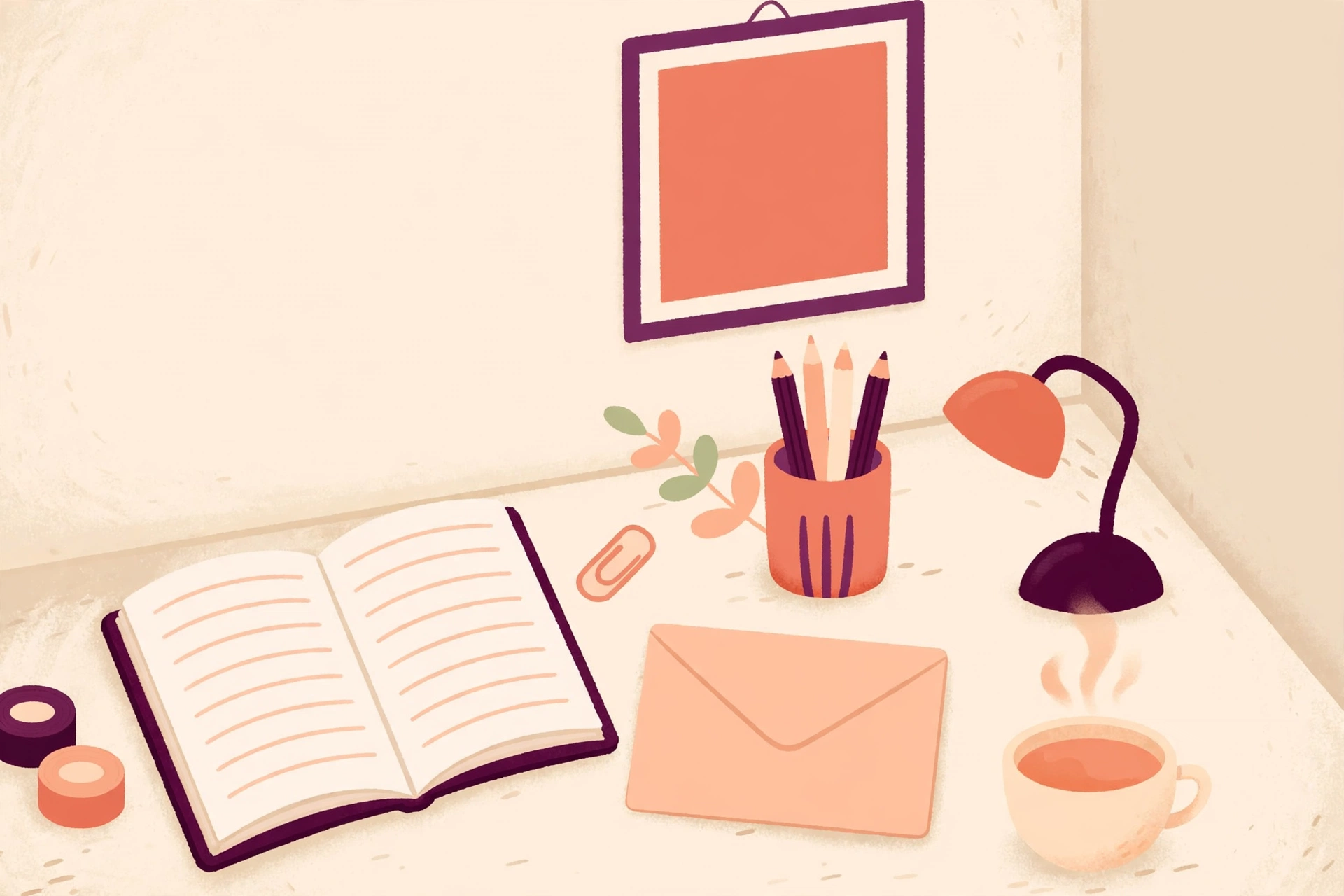 Warm illustration of a parent's notebook on a desk with a school letter, a pencil and a cup of tea